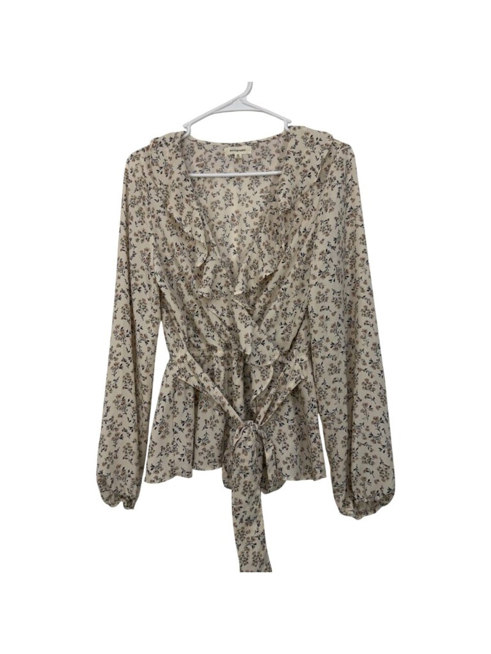 Max Studio Floral Ruffle Wrap Blouse With Belted Waist Beige/Black Womens Size M
